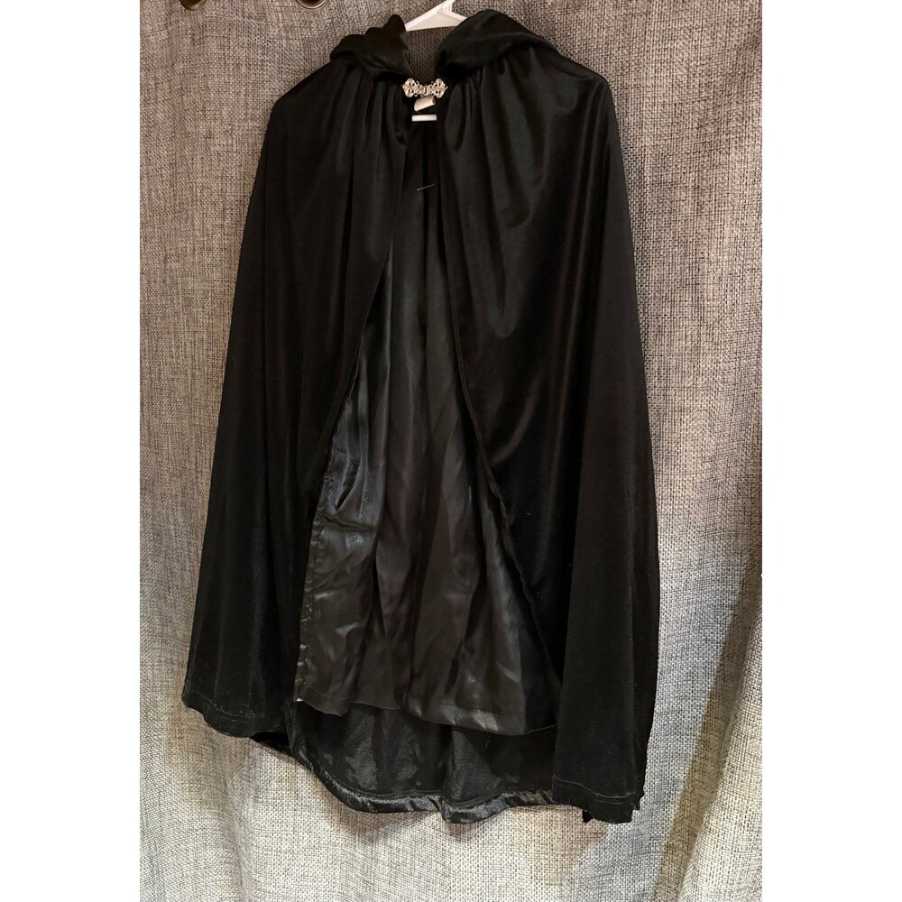 black hooded costume cloak velvet like finish ornate silver-toned clasp
